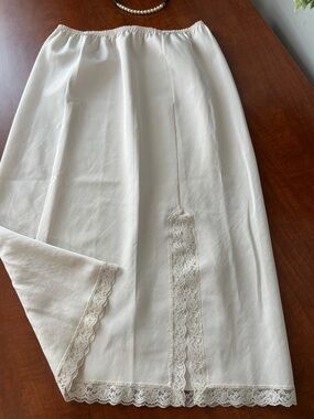 Vintage Slip Midi Half Slip Slit Skirt Lace Trim Large
